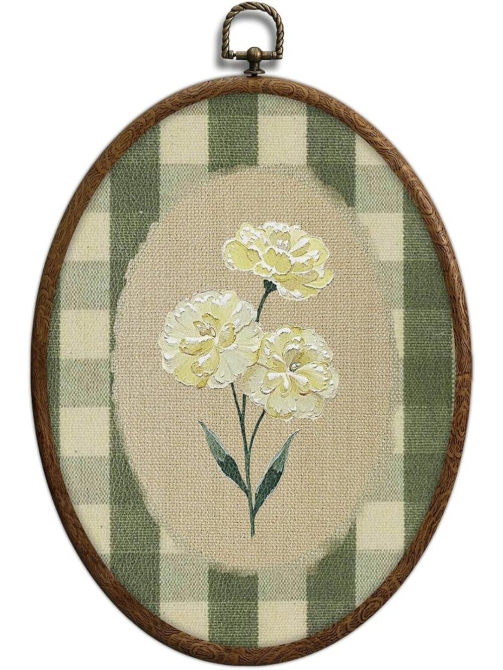 Botanical Flower Oval Wall Art - Green Gingham Cottage Decor for Farmhouse
